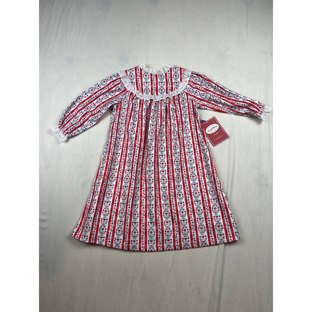 Lanz of Salzburg Kids Red White Floral Stripe Nightgown Eyelet Lace 2T